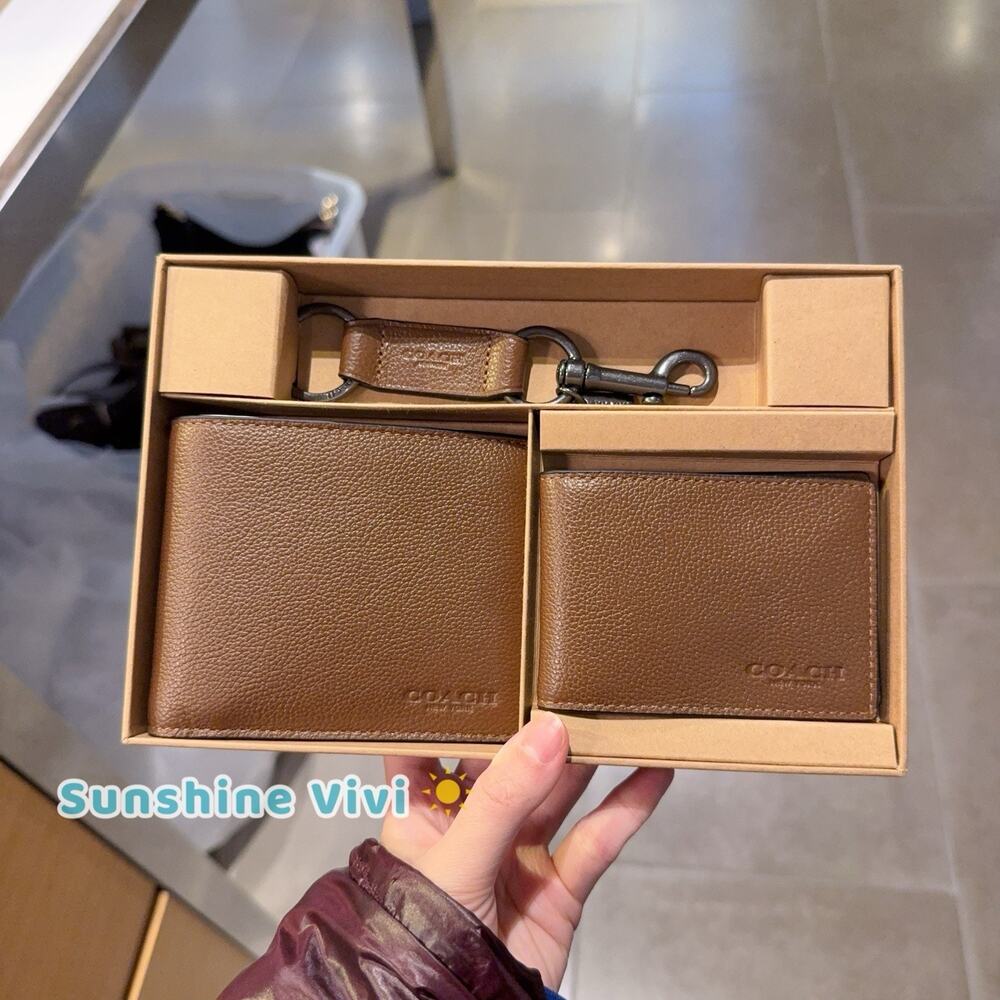 NWT Coach Boxed 3 In 1 Bifold Wallet Set With Key Fob Leather CS433 DARK SADDLE
